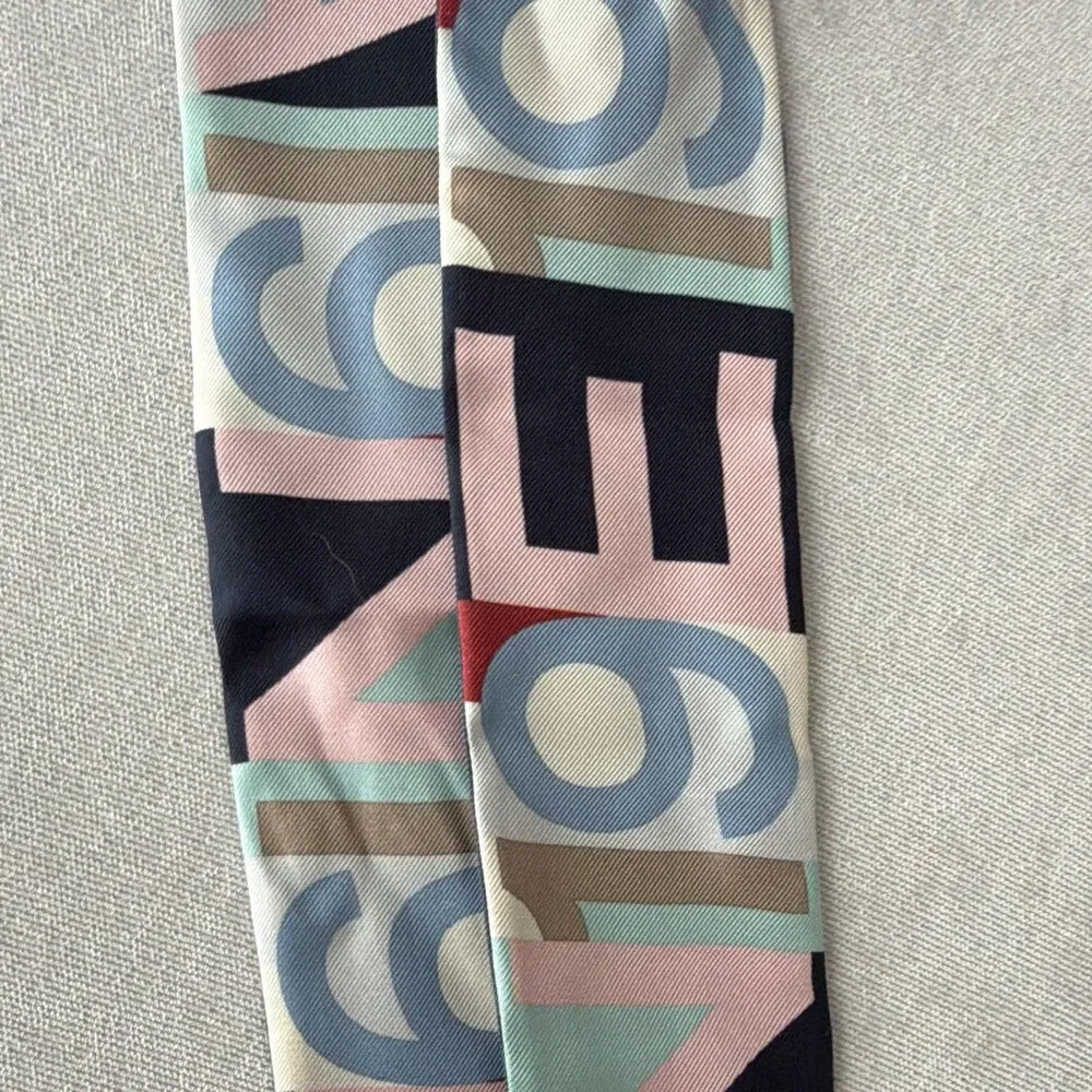 Chanel 100% Silk Slim Bandeau Scarf Navy Blue Pink Letter Print Logo Twilly